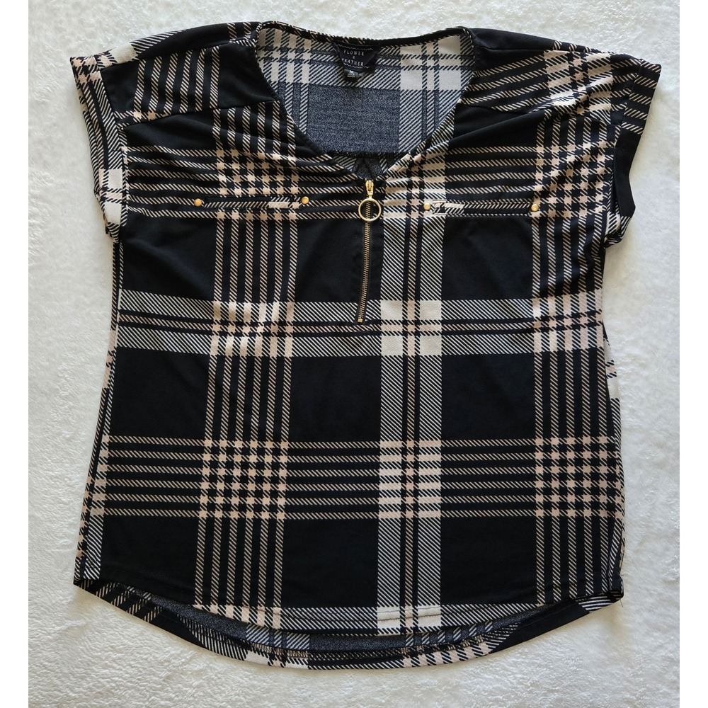 Flower & Feather Womens Plaid Zipper V-Neck Blouse‎ Black Tan TB5002Y-JJ Medium